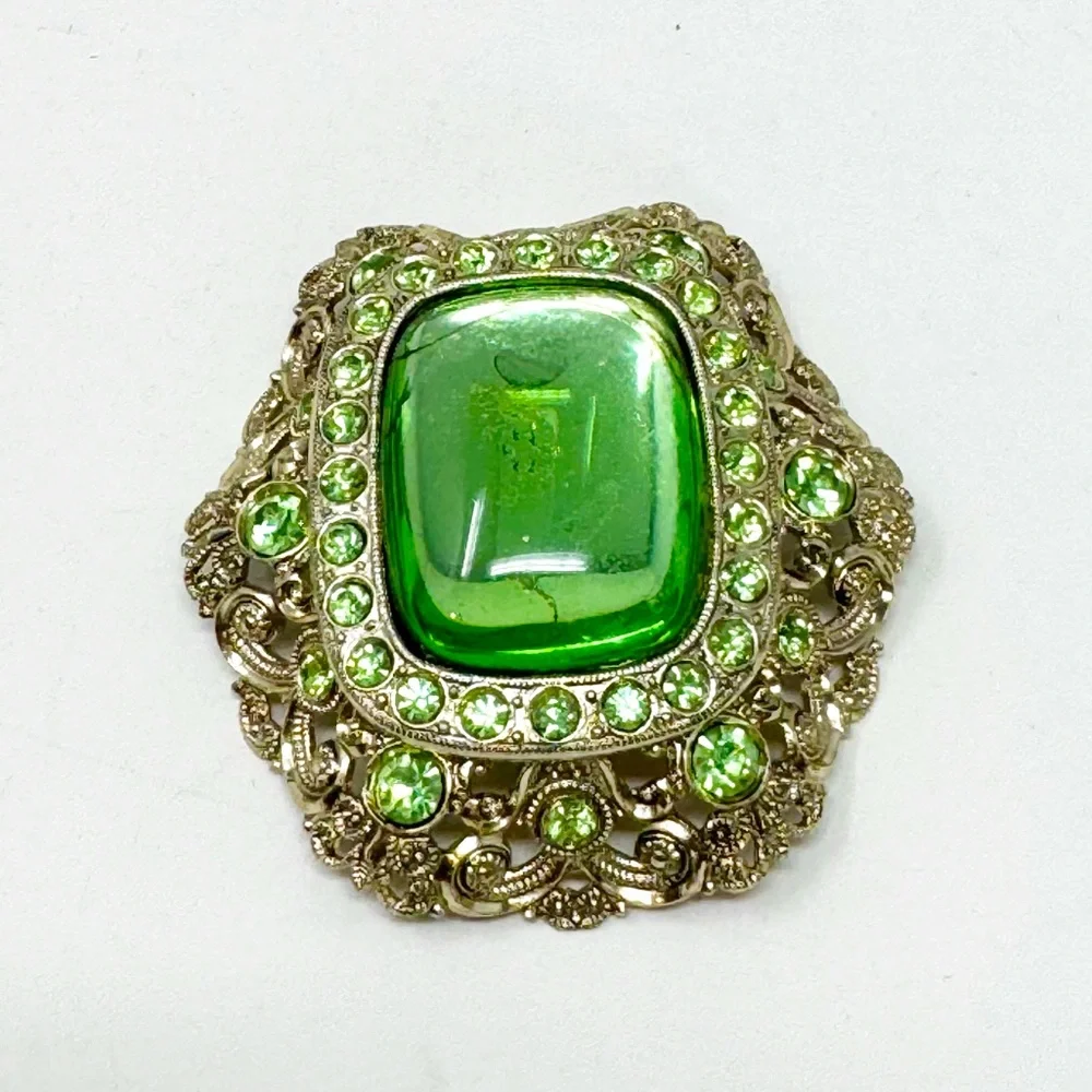 West Germany Pale Green Victorian Style Vintage Brooch Very Lightweight Metal